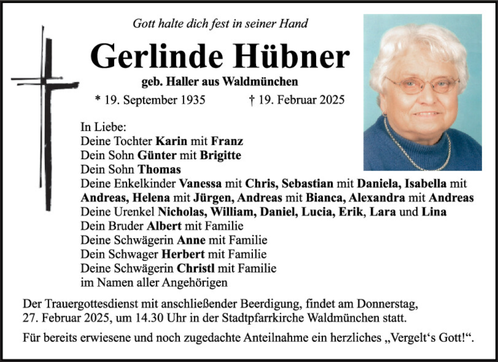 Traueranzeige für Gerlinde Hübner vom 25.02.2025 aus Bayerwald Echo