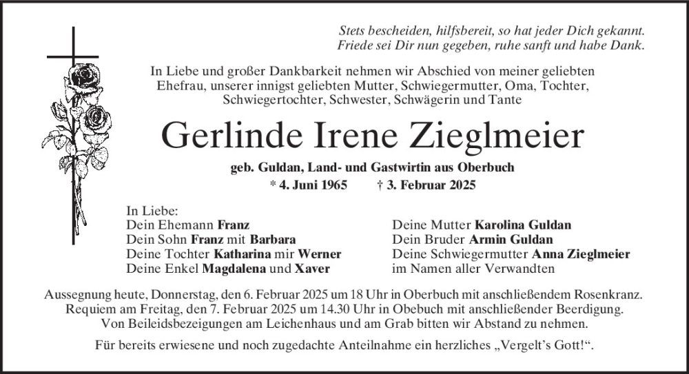  Traueranzeige für Gerlinde Zieglmeier vom 06.02.2025 aus Mittelbayerische Zeitung Kelheim