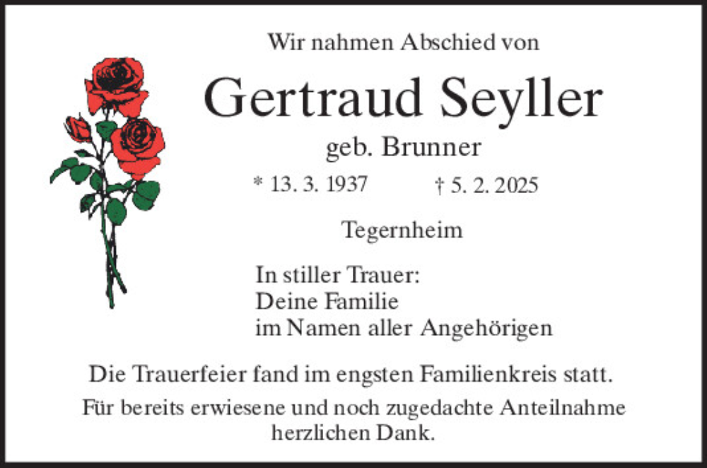  Traueranzeige für Gertraud Seyller vom 22.02.2025 aus Mittelbayerische Zeitung Regensburg