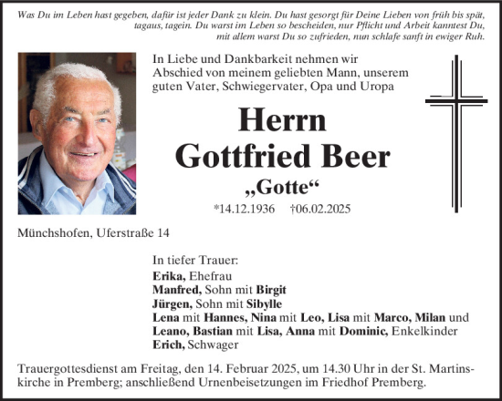 Traueranzeige von Gottfried Beer von Mittelbayerische Zeitung Schwandorf