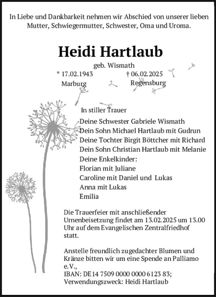  Traueranzeige für Heidi Hartlaub vom 08.02.2025 aus Mittelbayerische Zeitung Regensburg