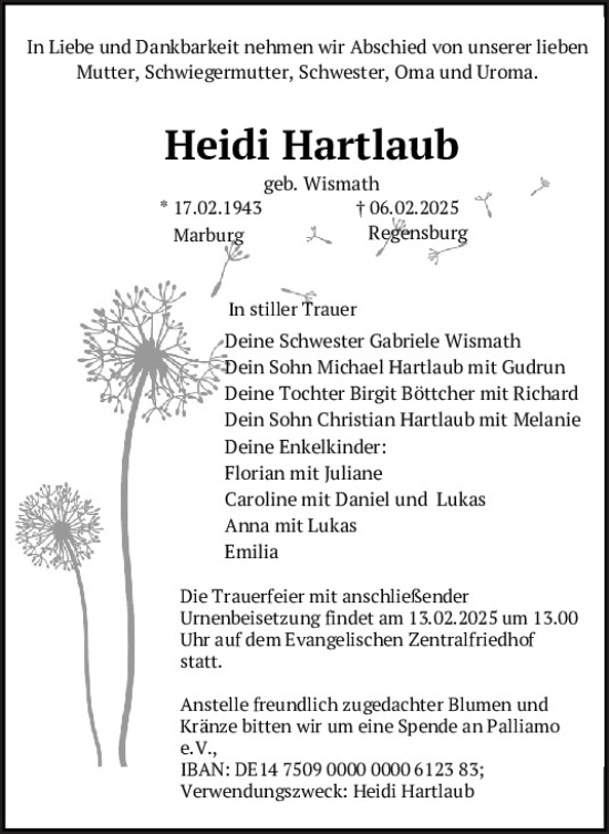 Traueranzeige von Heidi Hartlaub von Mittelbayerische Zeitung Regensburg