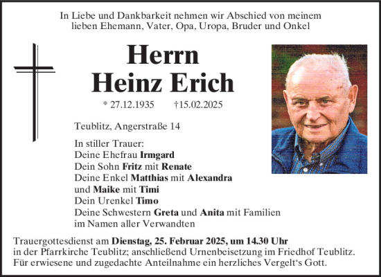 Traueranzeige von Heinz Erich von Mittelbayerische Zeitung Schwandorf