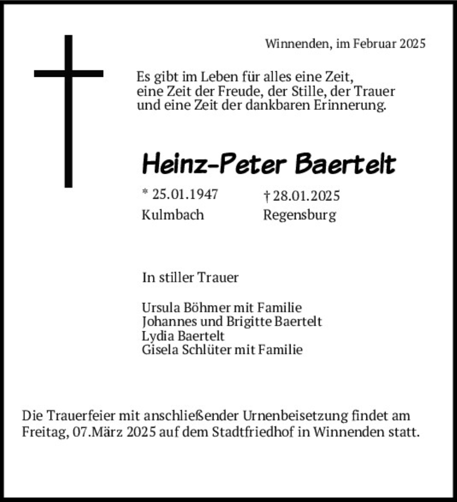  Traueranzeige für Heinz-Peter Baertelt vom 08.02.2025 aus Mittelbayerische Zeitung Regensburg