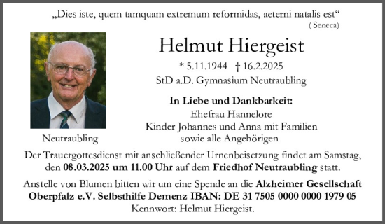 Traueranzeige von Helmut Hiergeist von Mittelbayerische Zeitung Regensburg