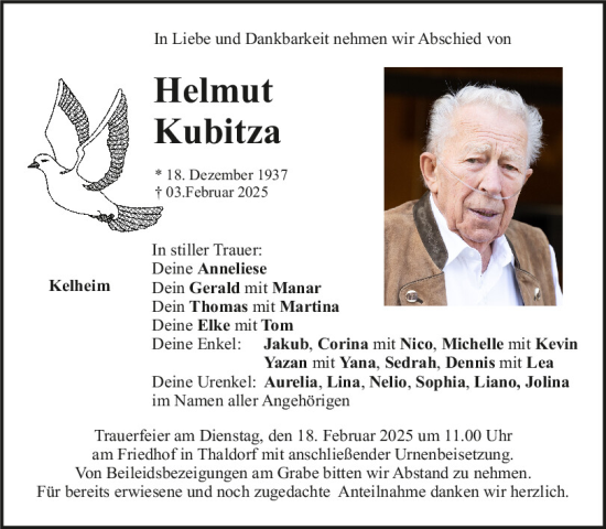 Traueranzeige von Helmut Kubitza von Mittelbayerische Zeitung Kelheim