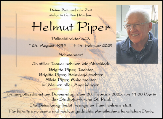 Traueranzeige von Helmut Piper von Mittelbayerische Zeitung Schwandorf