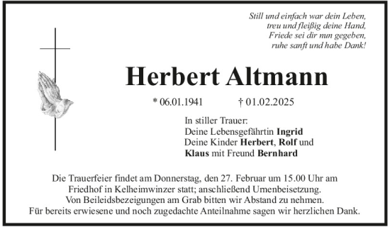 Traueranzeige von Herbert Altmann von Mittelbayerische Zeitung Kelheim