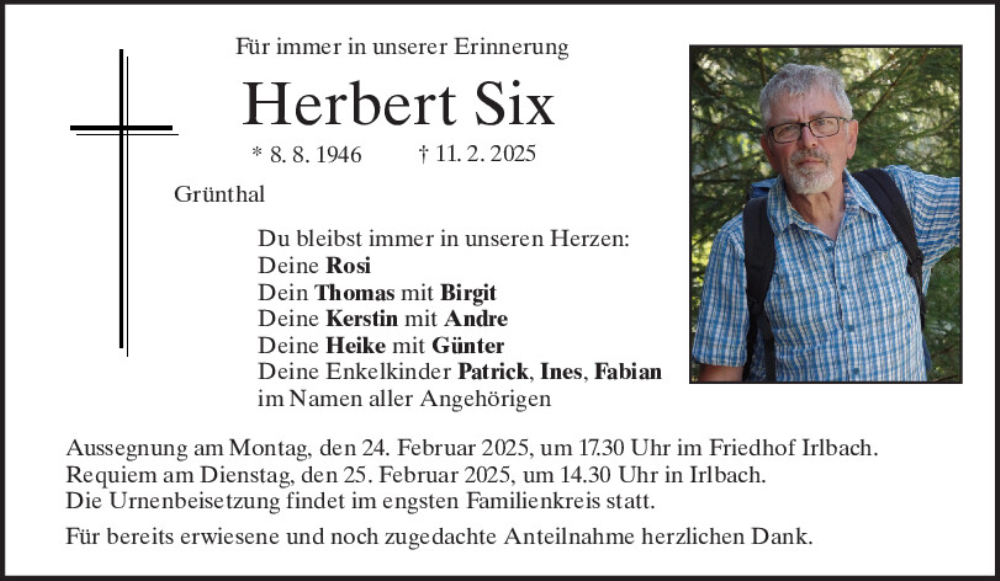  Traueranzeige für Herbert Six vom 22.02.2025 aus Mittelbayerische Zeitung Regensburg