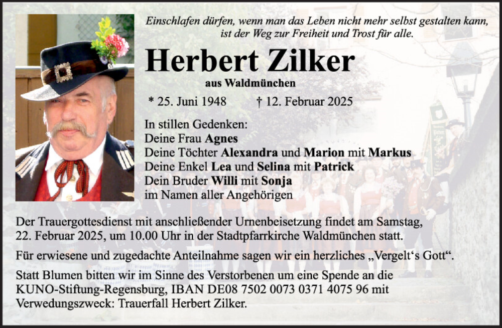  Traueranzeige für Herbert Zilker vom 19.02.2025 aus Bayerwald Echo