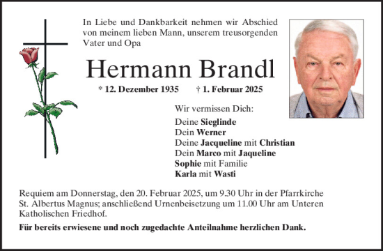 Traueranzeige von Hermann Brandl von Mittelbayerische Zeitung Regensburg