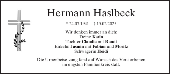 Traueranzeige von Hermann Haslbeck von Mittelbayerische Zeitung Regensburg