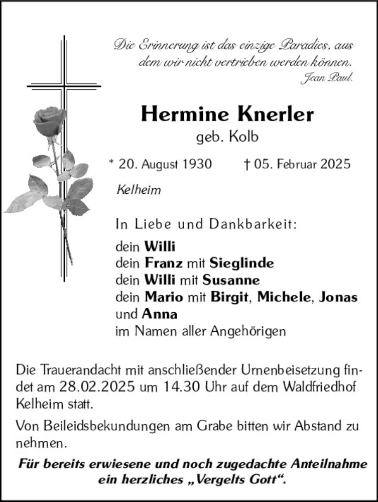  Traueranzeige für Hermine Knerler vom 25.02.2025 aus Mittelbayerische Zeitung Kelheim