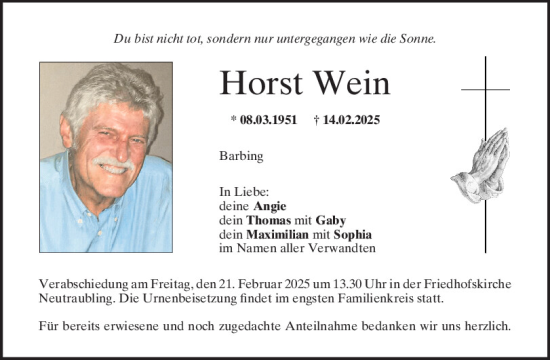 Traueranzeige von Horst Wein von Mittelbayerische Zeitung Regensburg