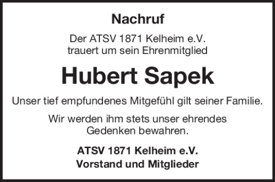 Traueranzeige von Hubert Sapek von Mittelbayerische Zeitung Kelheim