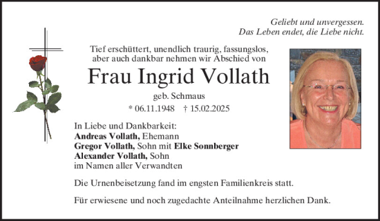 Traueranzeige von Ingrid Vollath von Mittelbayerische Zeitung Regensburg