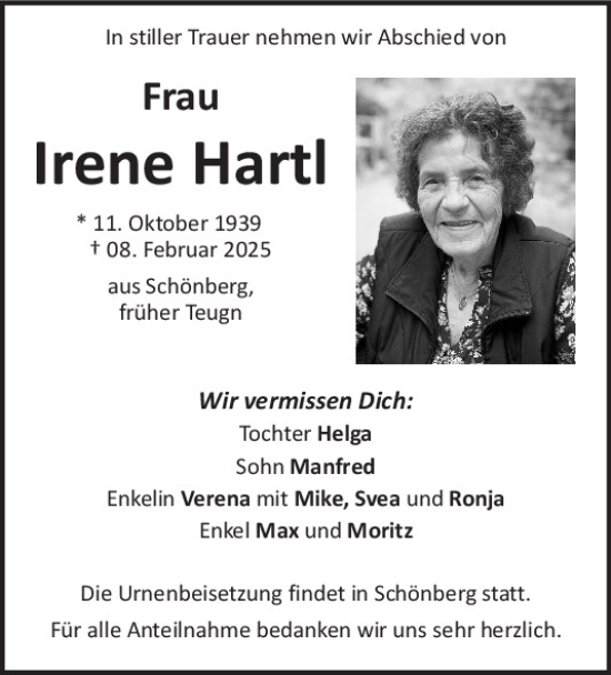 Traueranzeige von Irene Hartl von Mittelbayerische Zeitung Regensburg