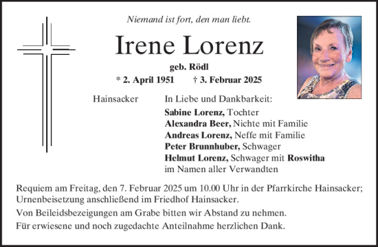 Traueranzeige von Irene Lorenz von Mittelbayerische Zeitung Regensburg