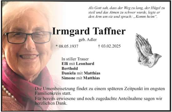 Traueranzeige von Irmgard Taffner von Mittelbayerische Zeitung Kelheim