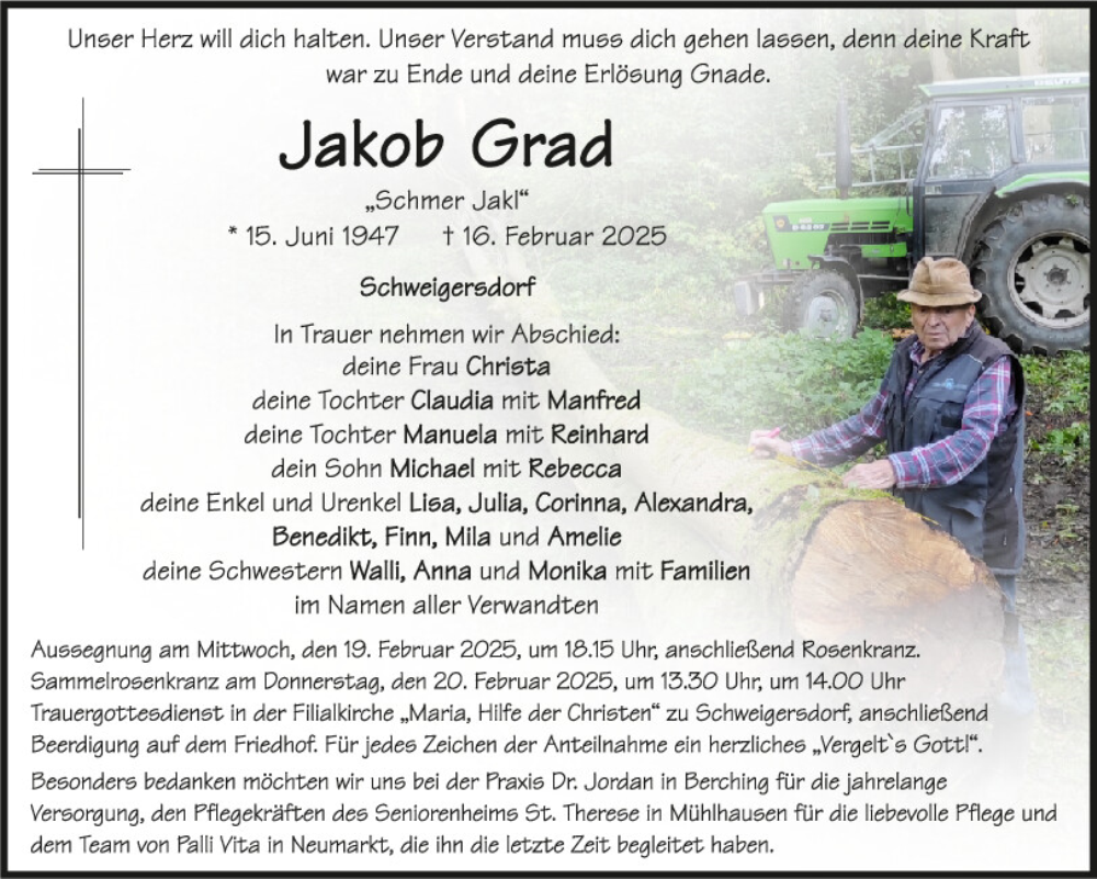  Traueranzeige für Jakob Grad vom 18.02.2025 aus Neumarkter Tagblatt
