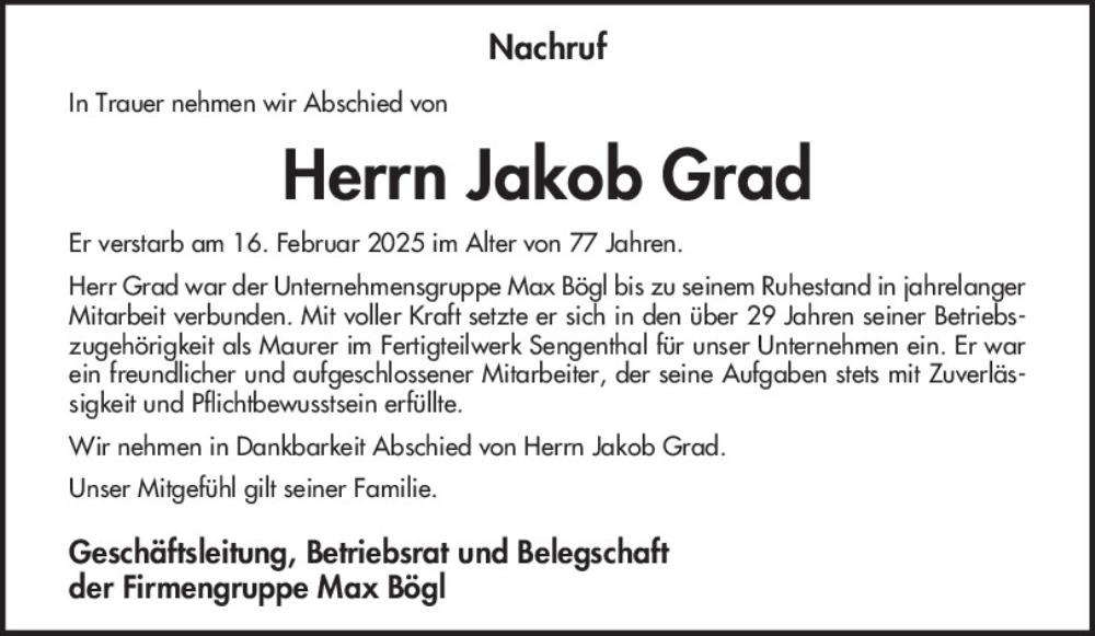  Traueranzeige für Jakob Grad vom 20.02.2025 aus Neumarkter Tagblatt