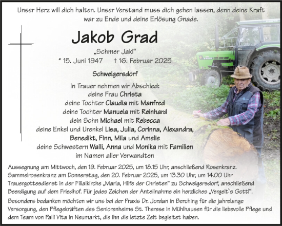 Traueranzeige von Jakob Grad von Neumarkter Tagblatt