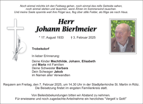 Traueranzeige von Johann Bierlmeier von Bayerwald Echo