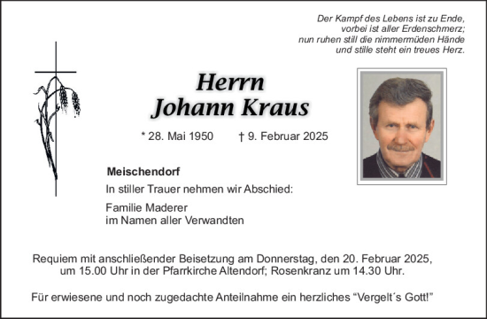 Traueranzeige von Johann Kraus von Mittelbayerische Zeitung Schwandorf