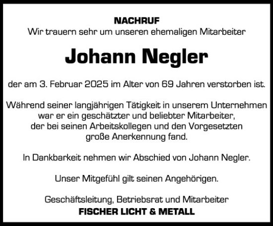 Traueranzeige von Johann Negler von Neumarkter Tagblatt