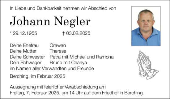 Traueranzeige von Johann Negler von Neumarkter Tagblatt