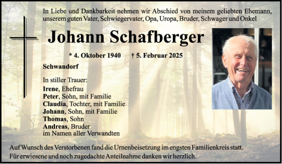 Traueranzeige von Johann Schafberger von Mittelbayerische Zeitung Schwandorf