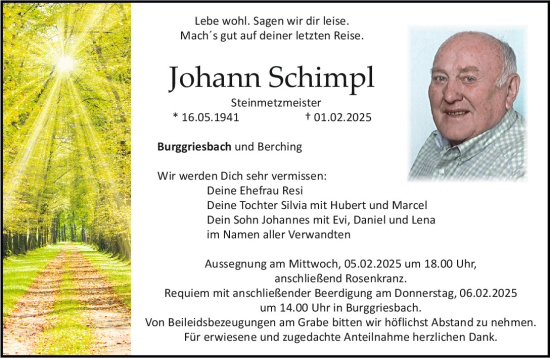 Traueranzeige von Johann Schimpl von Neumarkter Tagblatt