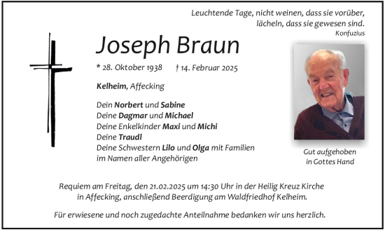 Traueranzeige von Josef Braun von Mittelbayerische Zeitung Kelheim