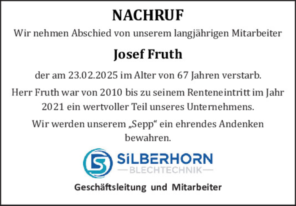  Traueranzeige für Josef Fruth vom 27.02.2025 aus Neumarkter Tagblatt