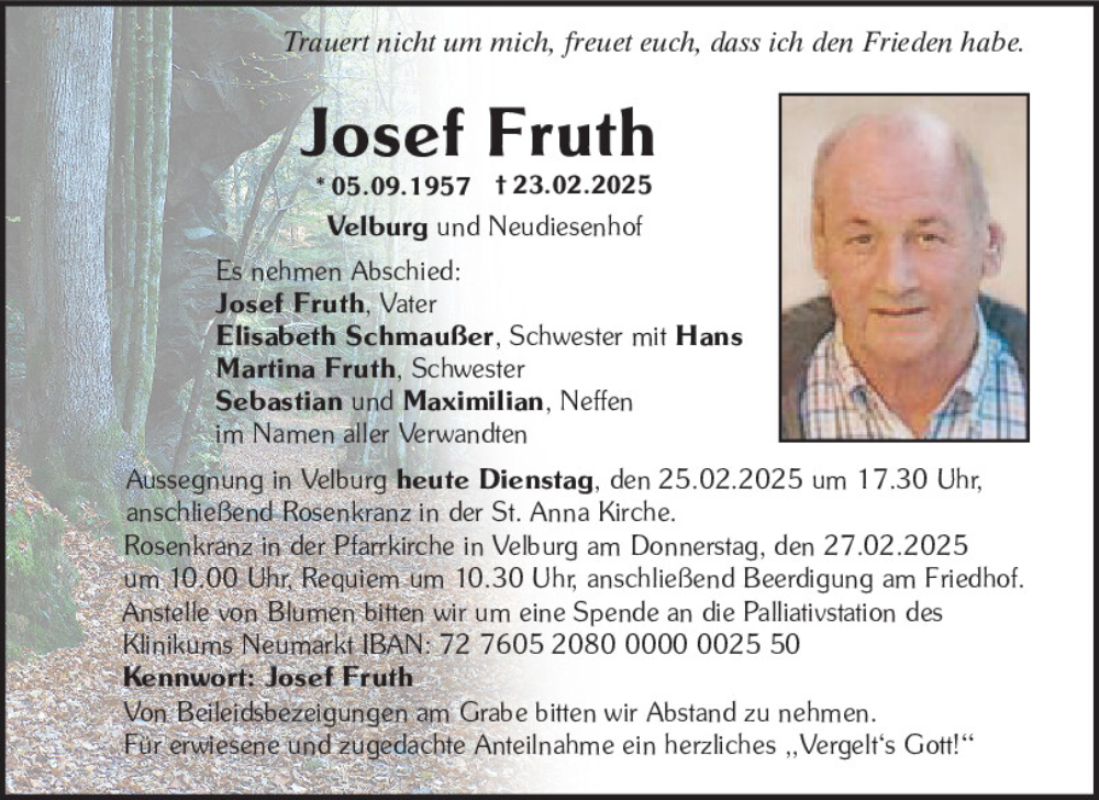  Traueranzeige für Josef Fruth vom 25.02.2025 aus Neumarkter Tagblatt
