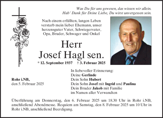 Traueranzeige von Josef Hagl von Mittelbayerische Zeitung Kelheim