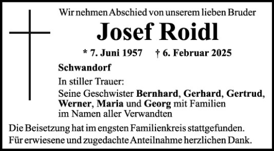 Traueranzeige von Josef Roidl von Mittelbayerische Zeitung Schwandorf