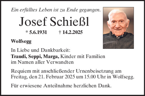 Traueranzeige von Josef Schießl von Mittelbayerische Zeitung Regensburg