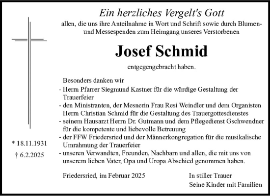 Traueranzeige von Josef Schmid von Bayerwald Echo