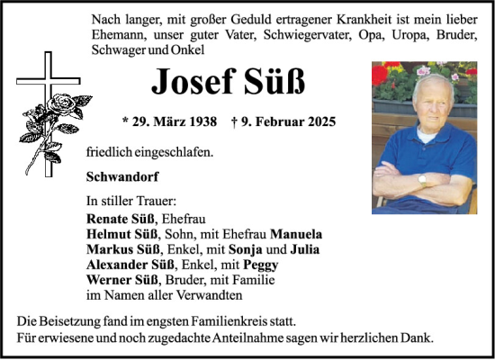 Traueranzeige von Josef Süß von Mittelbayerische Zeitung Schwandorf