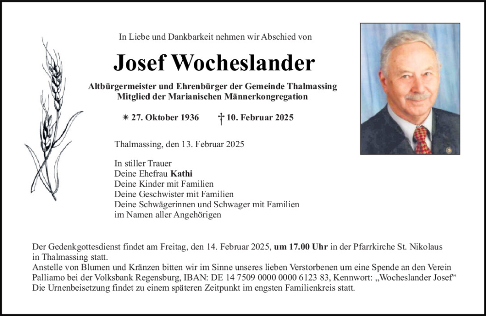  Traueranzeige für Josef Wocheslander vom 13.02.2025 aus Mittelbayerische Zeitung Regensburg