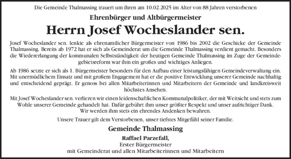  Traueranzeige für Josef Wocheslander vom 15.02.2025 aus Mittelbayerische Zeitung Regensburg