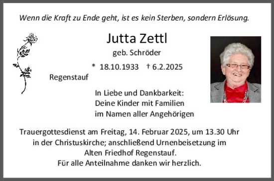Traueranzeige von Jutta Zettl von Mittelbayerische Zeitung Regensburg