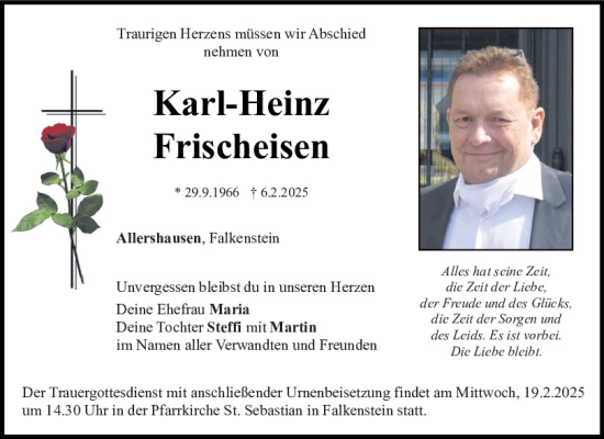 Traueranzeige von Karl-Heinz Frischeisen von Bayerwald Echo