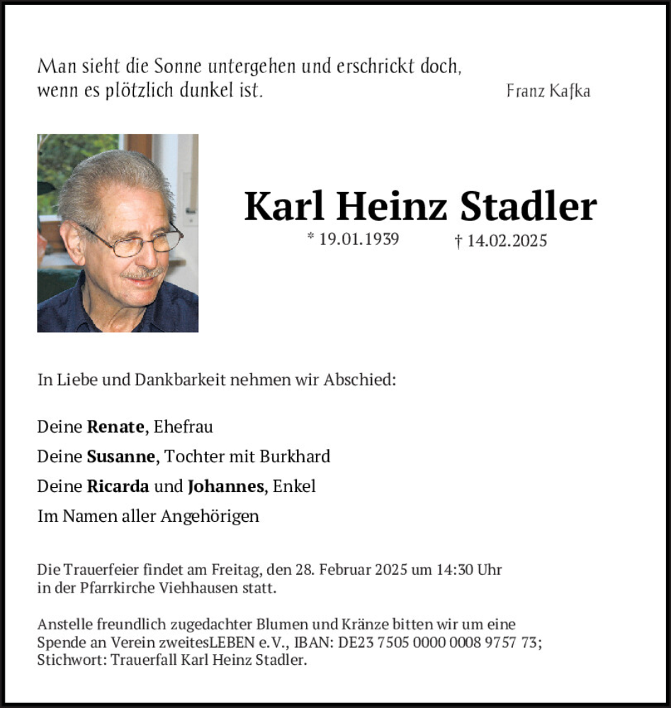  Traueranzeige für Karl Heinz Stadler vom 22.02.2025 aus Mittelbayerische Zeitung Gesamtausgabe