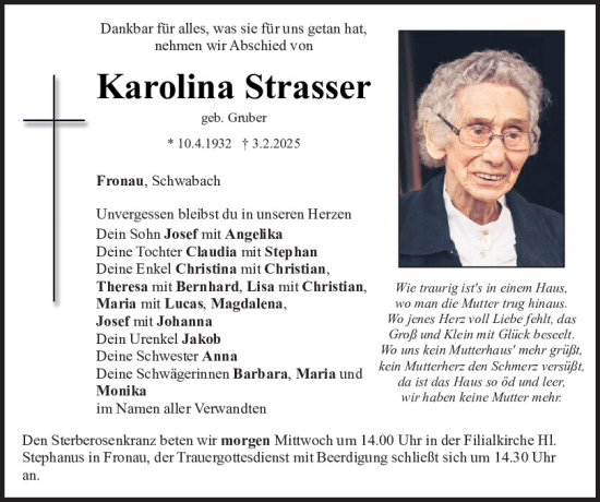 Traueranzeige von Karolina Strasser von Bayerwald Echo