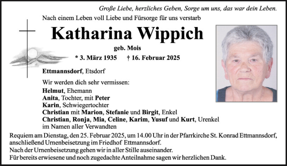  Traueranzeige für Katharina Wippich vom 22.02.2025 aus Mittelbayerische Zeitung Schwandorf