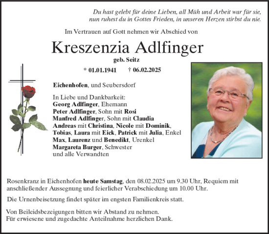 Traueranzeige von Kreszenzia Adlfinger von Neumarkter Tagblatt