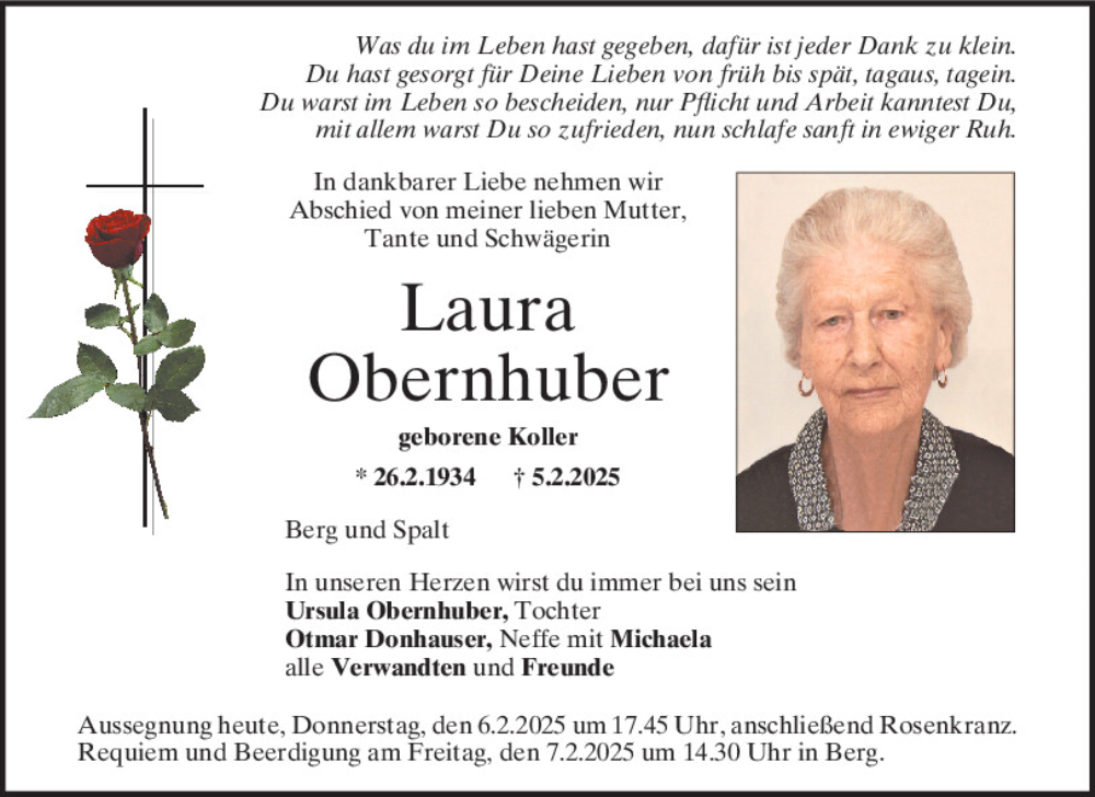  Traueranzeige für Laura Obernhuber vom 06.02.2025 aus Neumarkter Tagblatt