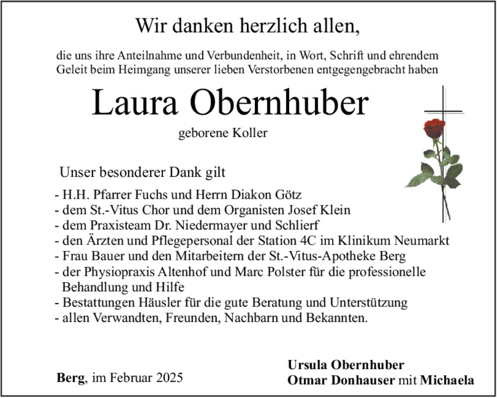  Traueranzeige für Laura Obernhuber vom 15.02.2025 aus Neumarkter Tagblatt